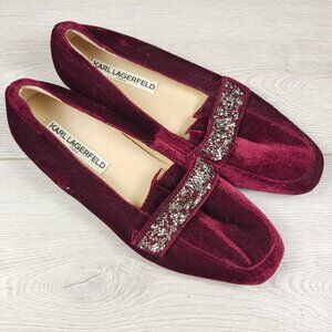 Karl Lagerfeld burgundy velvet embellished loafers. Size 8